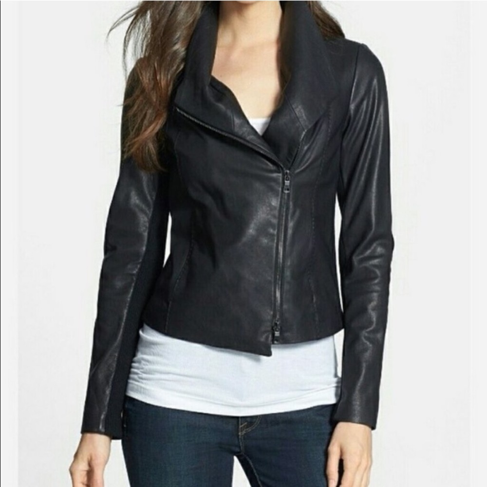$995 VINCE Black Lambskin Leather Scuba Jacket